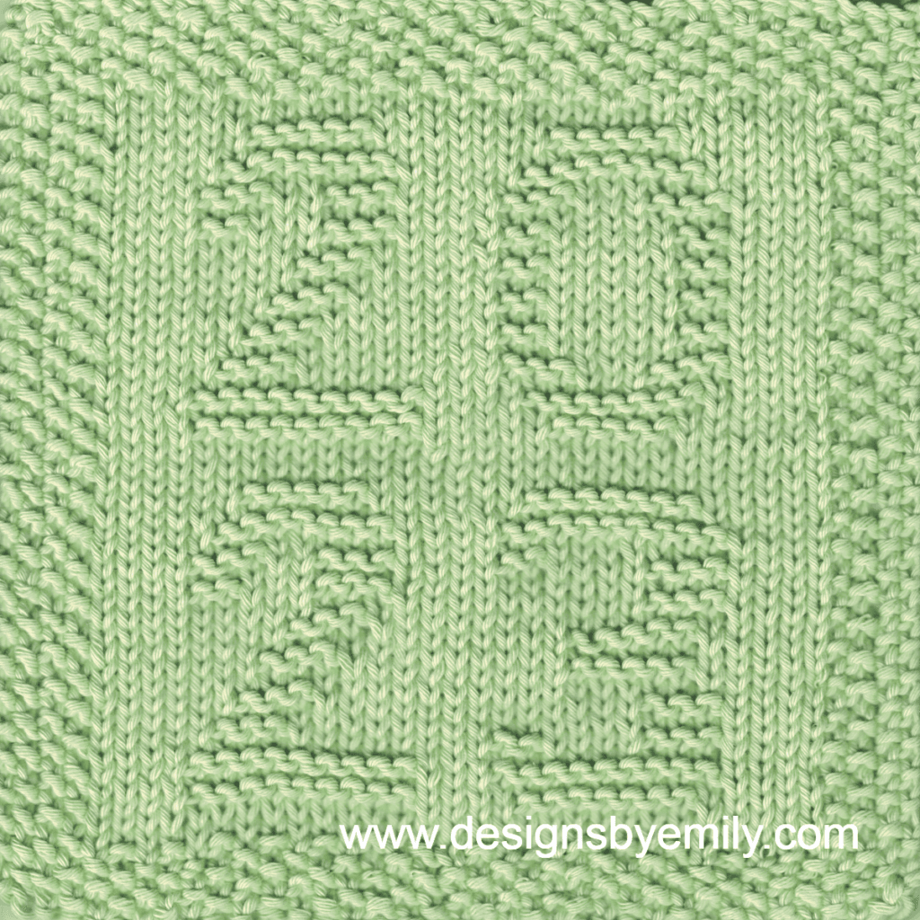2023 Knit Dishcloth: A handmade knitted dishcloth square in green yarn with the numbers 2023 arranged in a square with 20 on top and 23 underneath. The design is created using knit and purl stitches.