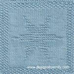 Snowflake Knit Dishcloth: A handmade knitted dishcloth square in light blue yarn adorned with a six-pointed snowflake in the center. The design is created using knit and purl stitches.