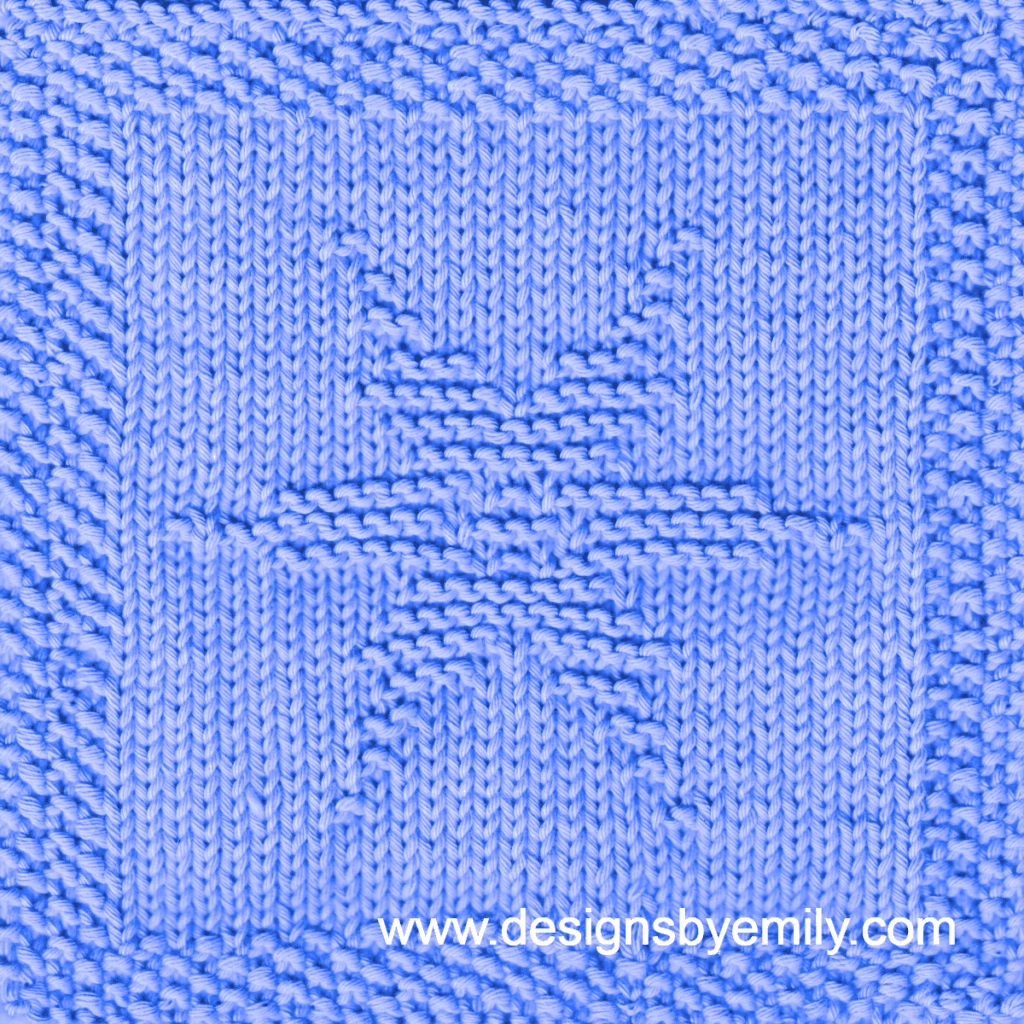 Snowflake Knit Dishcloth: A handmade knitted dishcloth square in bright blue yarn adorned with a six-pointed snowflake in the center. The design is created using knit and purl stitches.