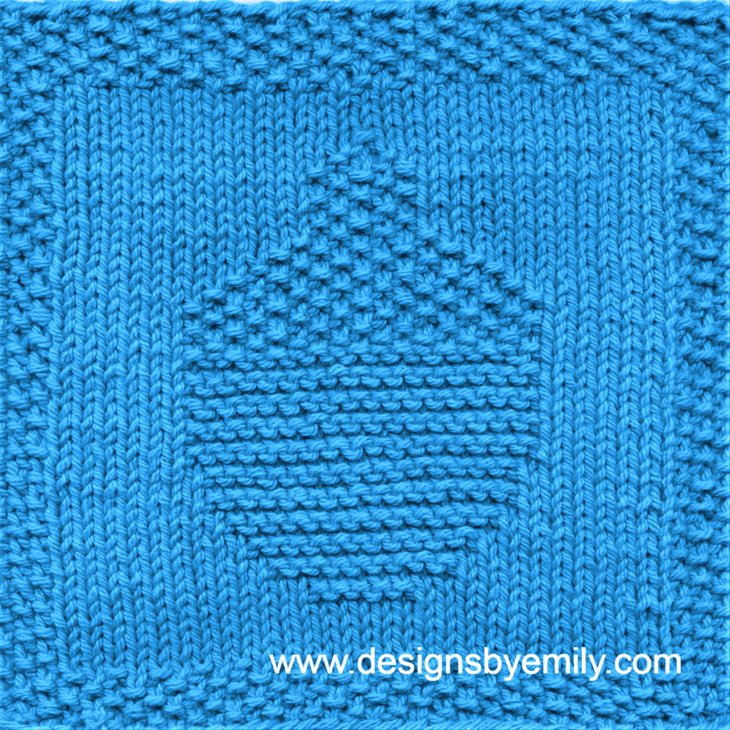 Acorn Knit Dishcloth: A handmade knitted dishcloth square in bright blue yarn featuring an acorn. The design is created using knit and purl stitches.