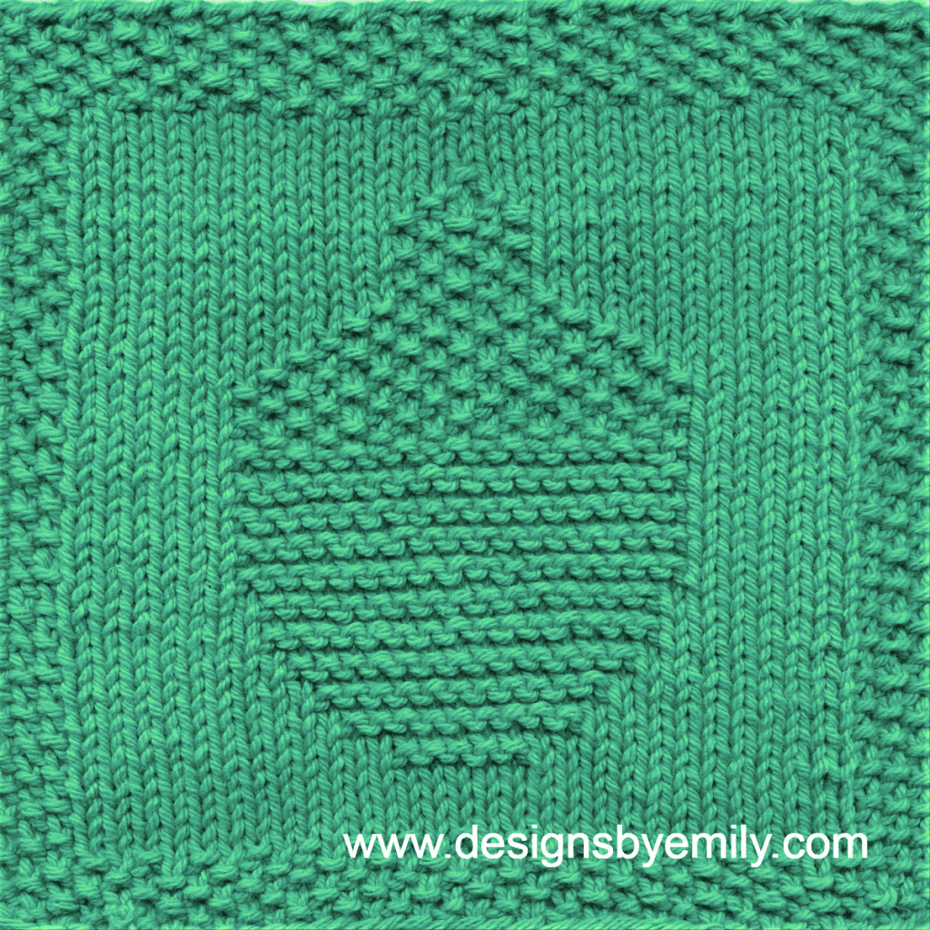 Acorn Knit Dishcloth: A handmade knitted dishcloth square in green yarn featuring an acorn. The design is created using knit and purl stitches.