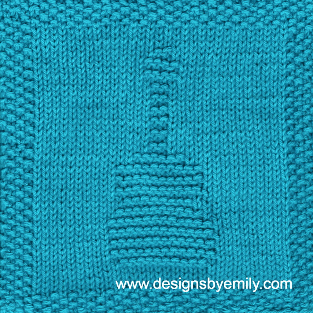 Acoustic Guitar Knit Dishcloth: A handmade knitted dishcloth square in aqua yarn displaying a design of an upright acoustic guitar in the center. The design is created using knit and purl stitches.