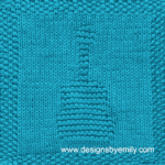 Acoustic Guitar Knit Dishcloth: A handmade knitted dishcloth square in aqua yarn displaying a design of an upright acoustic guitar in the center. The design is created using knit and purl stitches.