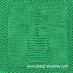Acoustic Guitar Knit Dishcloth: A handmade knitted dishcloth square in green yarn displaying a design of an upright acoustic guitar in the center. The design is created using knit and purl stitches.