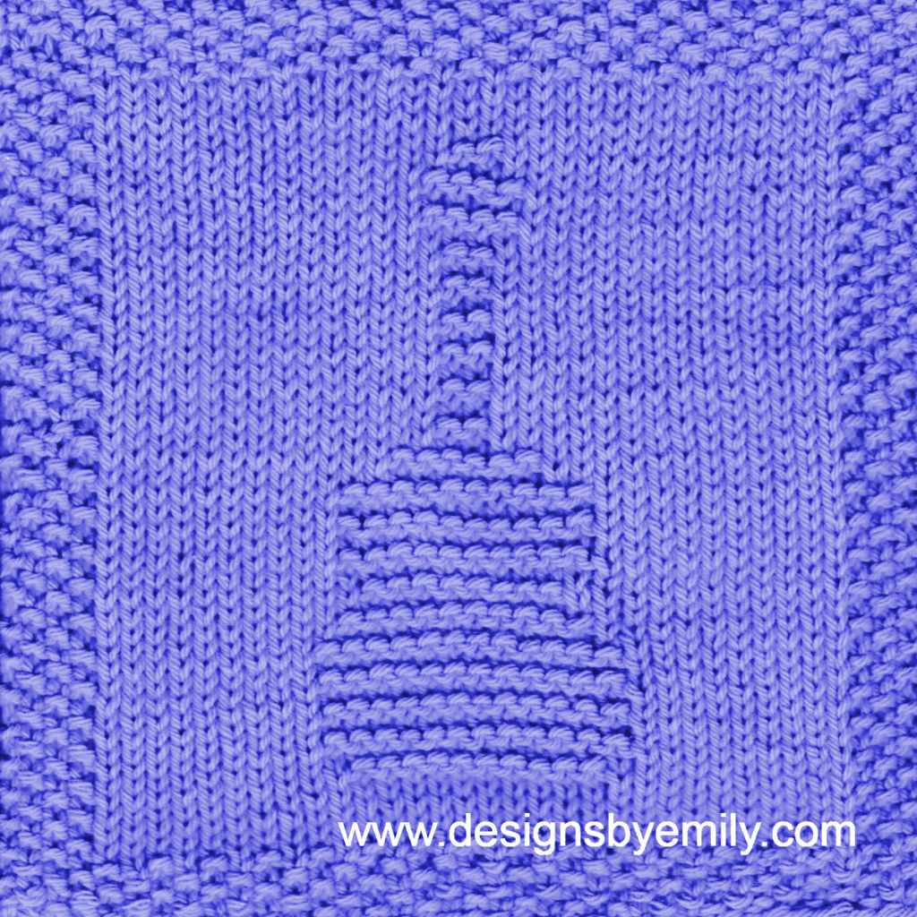 Acoustic Guitar Knit Dishcloth: A handmade knitted dishcloth square in purple yarn displaying a design of an upright acoustic guitar in the center. The design is created using knit and purl stitches.