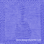 Acoustic Guitar Knit Dishcloth: A handmade knitted dishcloth square in purple yarn displaying a design of an upright acoustic guitar in the center. The design is created using knit and purl stitches.