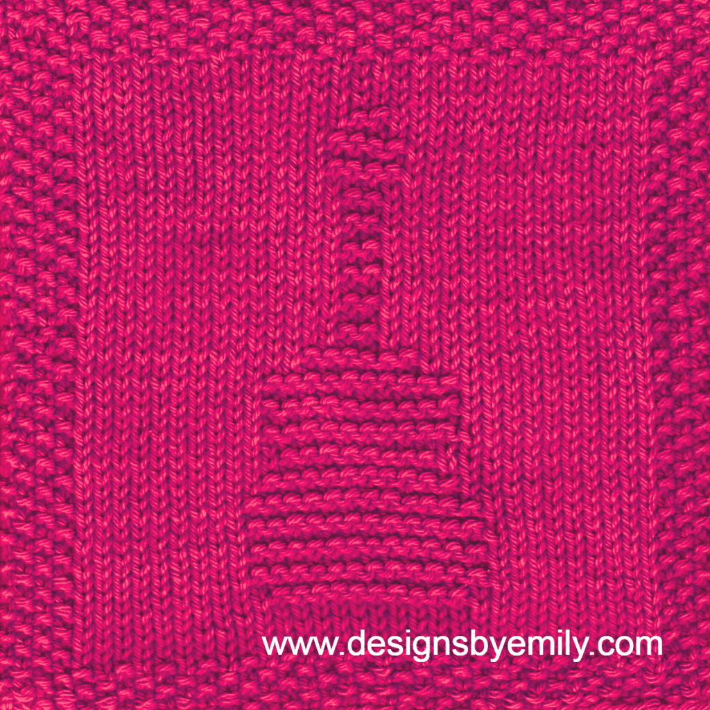 Acoustic Guitar Knit Dishcloth: A handmade knitted dishcloth square in red yarn displaying a design of an upright acoustic guitar in the center. The design is created using knit and purl stitches.