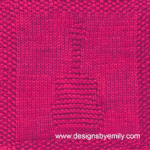 Acoustic Guitar Knit Dishcloth: A handmade knitted dishcloth square in red yarn displaying a design of an upright acoustic guitar in the center. The design is created using knit and purl stitches.