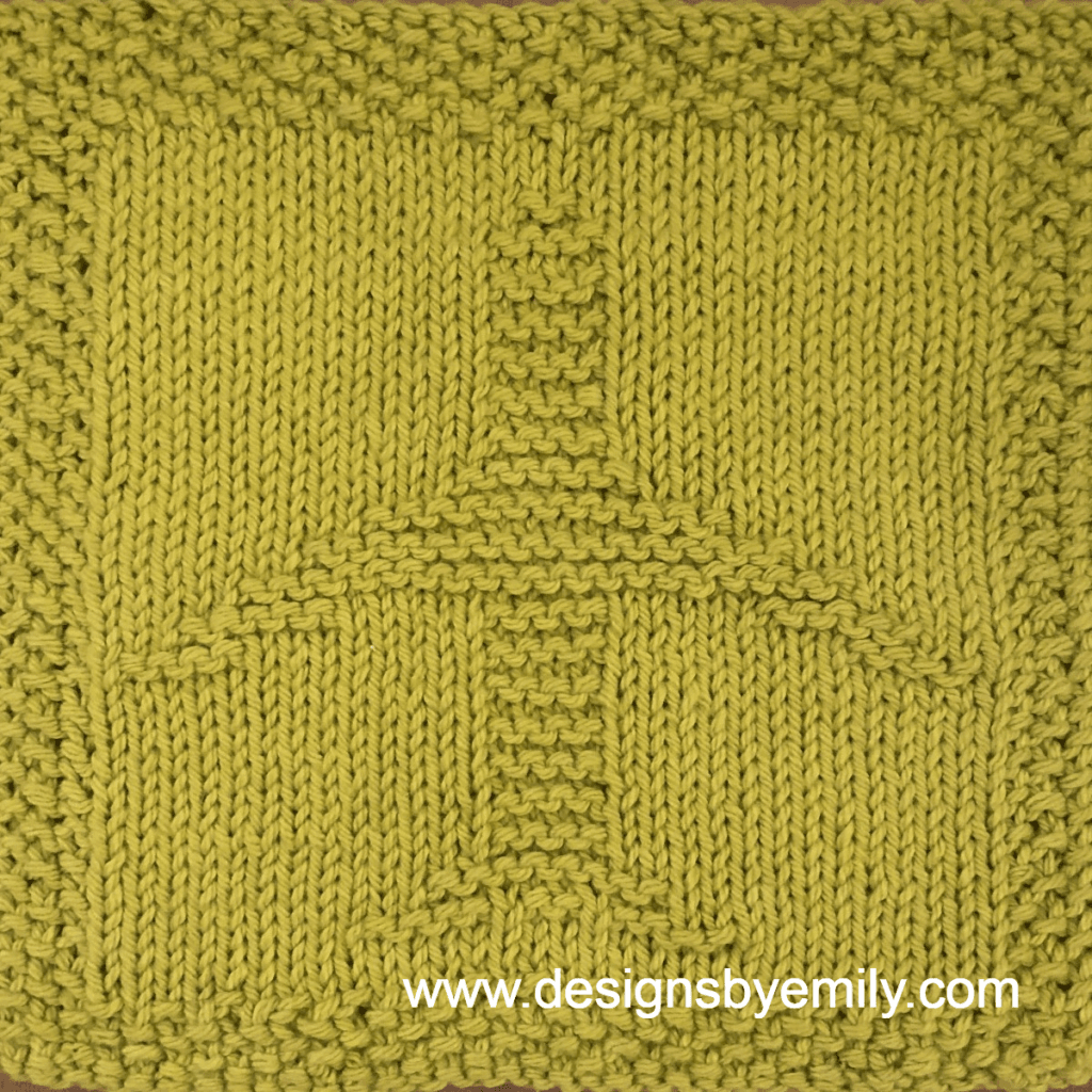 Airplane Knit Dishcloth: A handmade knitted dishcloth square in olive green yarn displaying a design of an airplane vertically in the center. The design is created using knit and purl stitches.