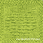 Apple Knit Dishcloth: A vibrant green knitted dishcloth square featuring a charming apple design, perfect for brightening up any kitchen space. The design is created using knit and purl stitches.
