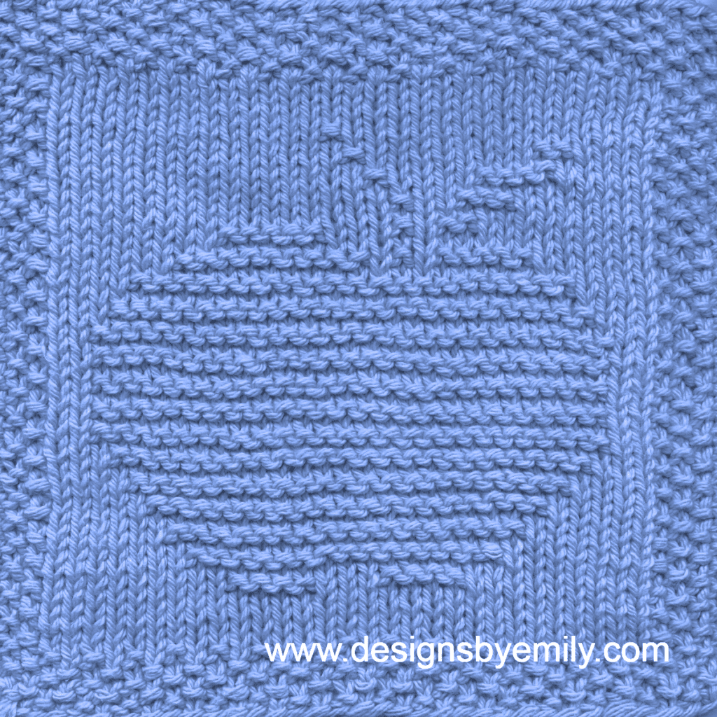 Apple Knit Dishcloth: A vibrant blue knitted dishcloth square featuring a charming apple design, perfect for brightening up any kitchen space. The design is created using knit and purl stitches.