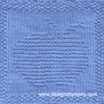 Apple Knit Dishcloth: A vibrant blue knitted dishcloth square featuring a charming apple design, perfect for brightening up any kitchen space. The design is created using knit and purl stitches.
