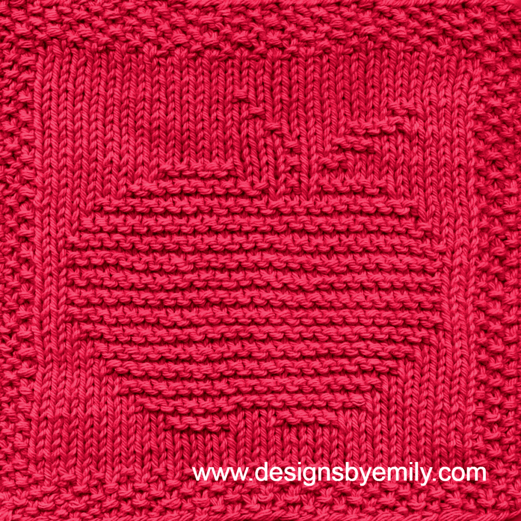 Apple Knit Dishcloth: A vibrant red knitted dishcloth square featuring a charming apple design, perfect for brightening up any kitchen space. The design is created using knit and purl stitches.