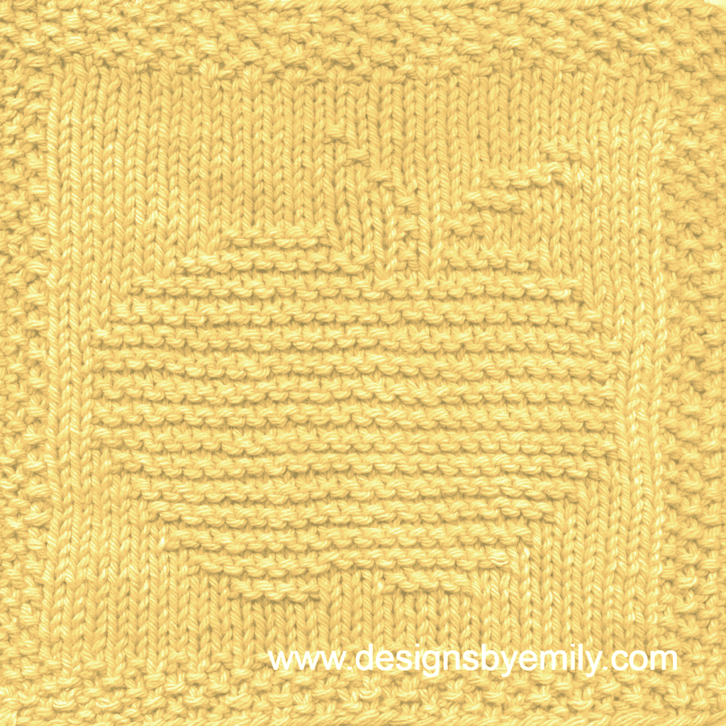 Apple Knit Dishcloth: A vibrant yellow knitted dishcloth square featuring a charming apple design, perfect for brightening up any kitchen space. The design is created using knit and purl stitches.