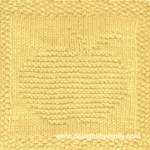 Apple Knit Dishcloth: A vibrant yellow knitted dishcloth square featuring a charming apple design, perfect for brightening up any kitchen space. The design is created using knit and purl stitches.