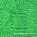 Baby Bottle Knit Dishcloth: A handmade knitted dishcloth square in green yarn displaying a design of a baby bottle in the center. The design is created in garter stitch using knit and purl stitches on a stockinette background.