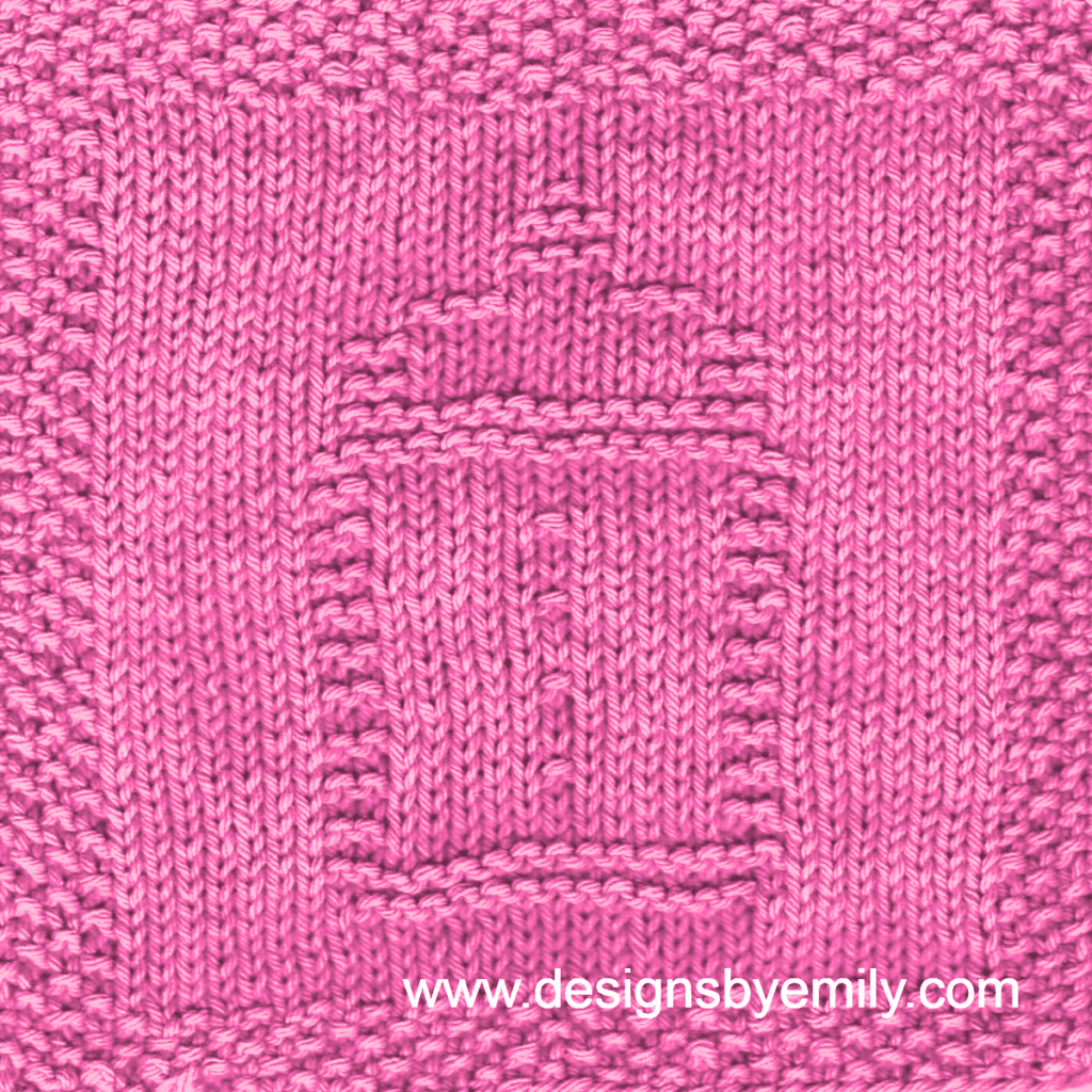 Baby Bottle Knit Dishcloth: A handmade knitted dishcloth square in pink yarn displaying a design of a baby bottle in the center. The design is created in garter stitch using knit and purl stitches on a stockinette background.