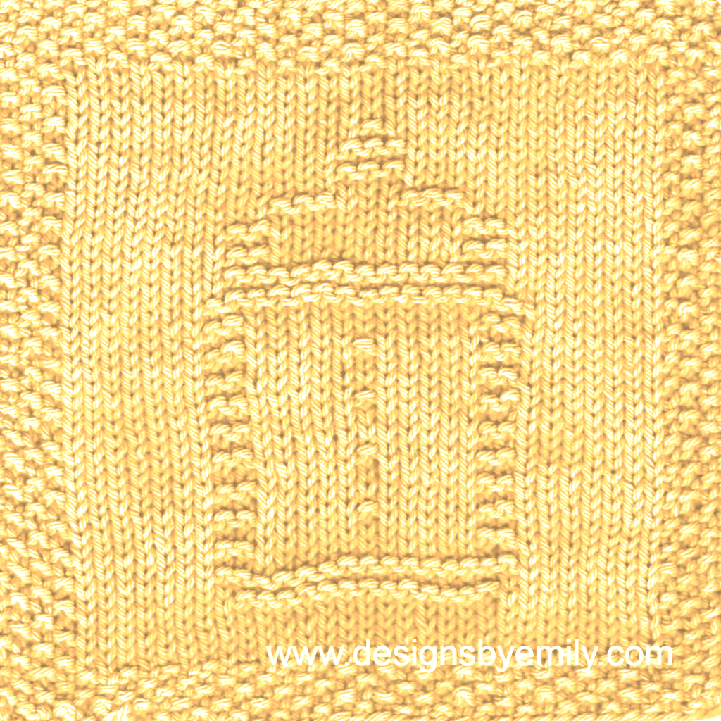 Baby Bottle Knit Dishcloth: A handmade knitted dishcloth square in yellow yarn displaying a design of a baby bottle in the center. The design is created in garter stitch using knit and purl stitches on a stockinette background.