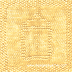 Baby Bottle Knit Dishcloth: A handmade knitted dishcloth square in yellow yarn displaying a design of a baby bottle in the center. The design is created in garter stitch using knit and purl stitches on a stockinette background.