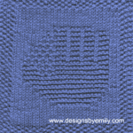 Baseball Glove Knit Dishcloth: A handmade knitted dishcloth square in blue yarn displaying a baseball glove. The design is created in garter stitch using knit and purl stitches on a stockinette background.