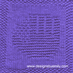 Baseball Glove Knit Dishcloth: A handmade knitted dishcloth square in purple yarn displaying a baseball glove. The design is created in garter stitch using knit and purl stitches on a stockinette background.