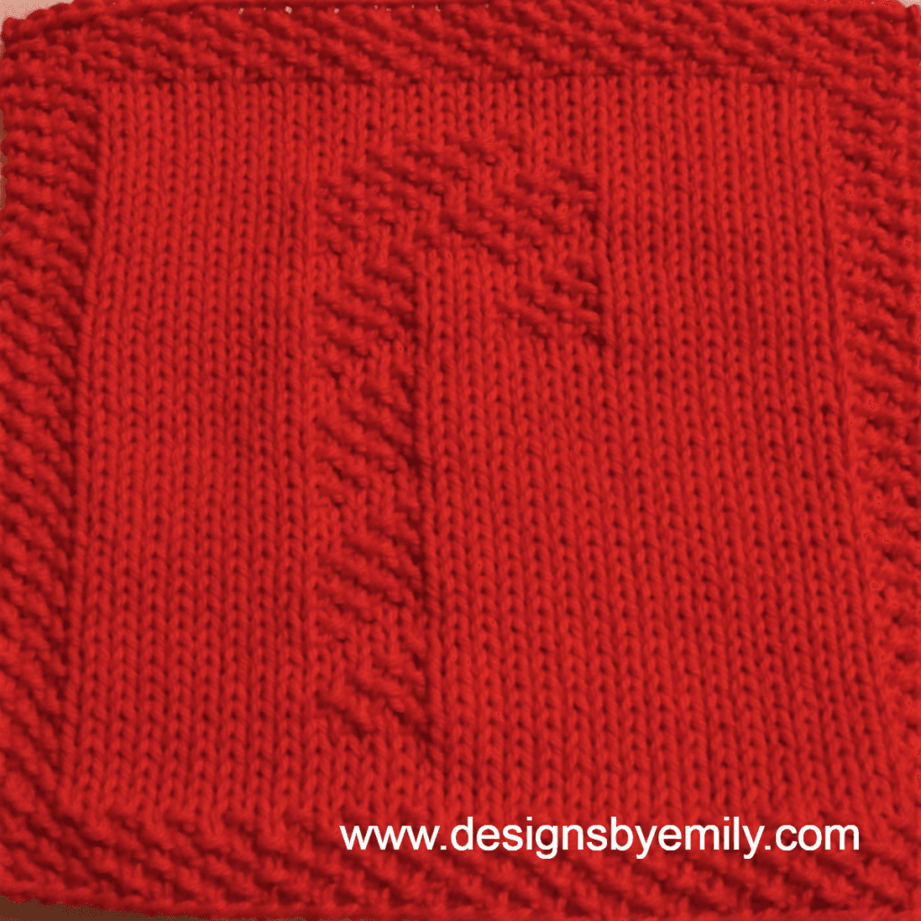 Candy Cane Knit Dishcloth: A handmade knit dishcloth square in red yarn featuring a striped candy cane. The design is created in seed stitch using knits and purls on a stockinette background.