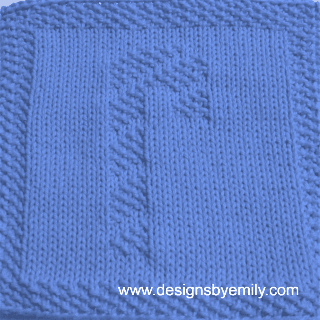 Candy Cane Knit Dishcloth: A handmade knit dishcloth square in blue yarn featuring a striped candy cane. The design is created in seed stitch using knits and purls on a stockinette background.