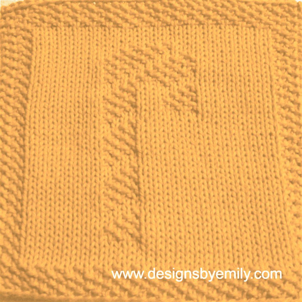 Candy Cane Knit Dishcloth: A handmade knit dishcloth square in yellow yarn featuring a striped candy cane. The design is created in seed stitch using knits and purls on a stockinette background.
