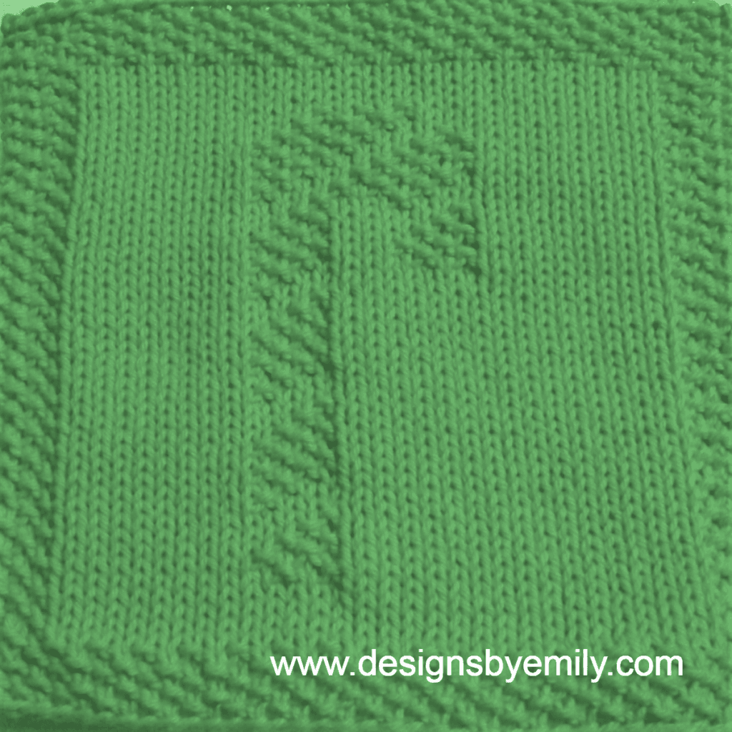 Candy Cane Knit Dishcloth: A handmade knit dishcloth square in green yarn featuring a striped candy cane. The design is created in seed stitch using knits and purls on a stockinette background.
