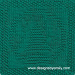 Christmas Tree Snow Globe Knit Dishcloth: A handmade knit dishcloth square in green yarn featuring a Christmas tree inside a snow globe. The design is created in garter stitch using knit and purl stitches on a stockinette background.