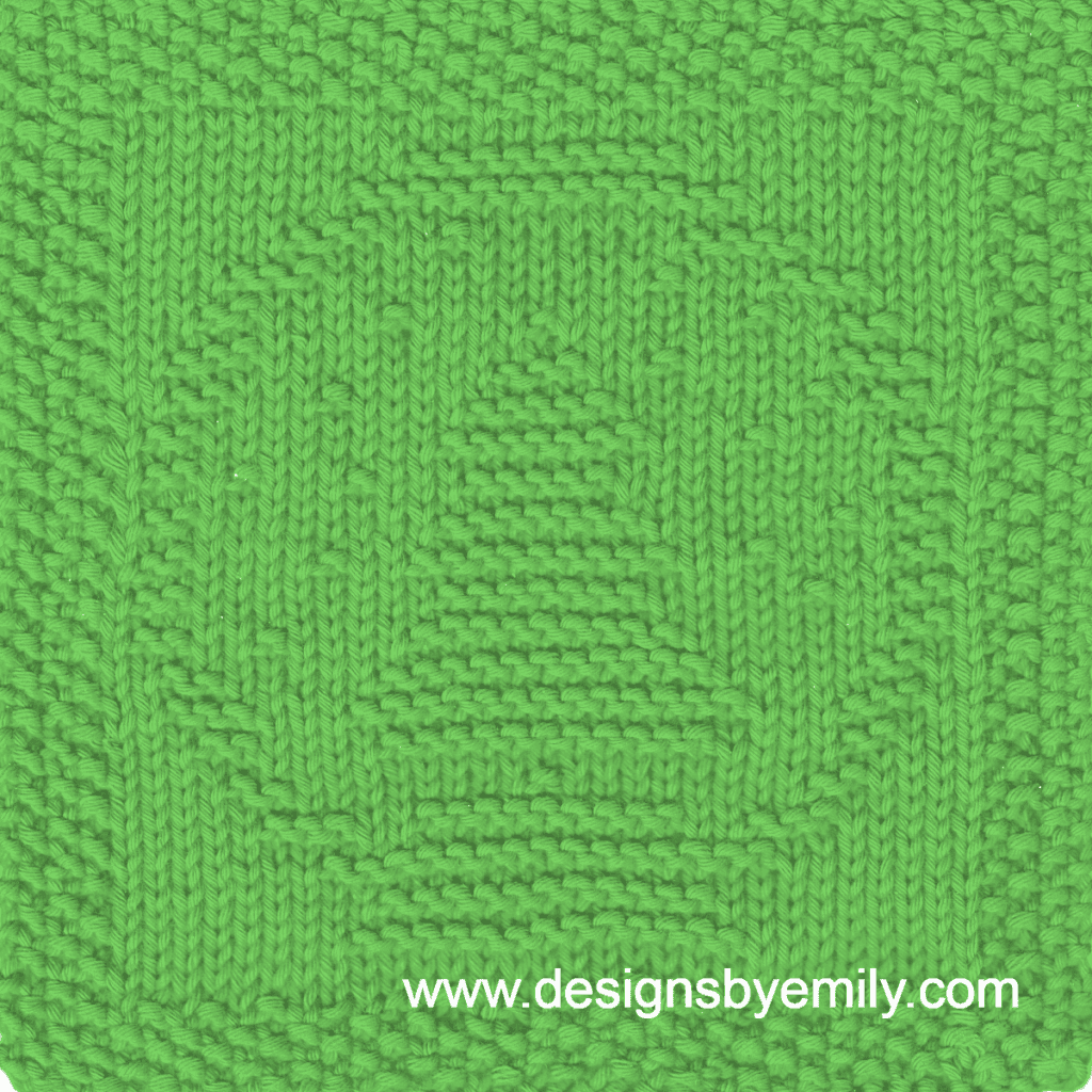Christmas Tree Snow Globe Knit Dishcloth: A handmade knit dishcloth square in bright green yarn featuring a Christmas tree inside a snow globe. The design is created in garter stitch using knit and purl stitches on a stockinette background.