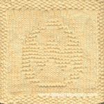 Easter Egg with Rickrack Knit Dishcloth: A handmade knitted dishcloth square in yellow yarn displaying an Easter egg decorated with zig-zag rickrack. The design is created in garter stitch using knit and purl stitches on a stockinette background.