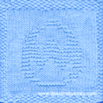 Easter Egg with Rickrack Knit Dishcloth: A handmade knitted dishcloth square in blue yarn displaying an Easter egg decorated with zig-zag rickrack. The design is created in garter stitch using knit and purl stitches on a stockinette background.