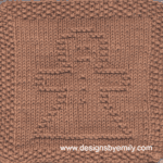 Gingerbread Girl Knit Dishcloth: A cozy knitted dishcloth square in brown yarn featuring a cheerful gingerbread girl in the center, perfect for holiday decor. The design is created in garter stitch using knit and purl stitches on a stockinette background.