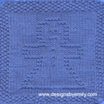 Gingerbread Girl Knit Dishcloth: A cozy knitted dishcloth square in blue yarn featuring a cheerful gingerbread girl in the center, perfect for holiday decor. The design is created in garter stitch using knit and purl stitches on a stockinette background.