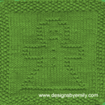 Gingerbread Girl Knit Dishcloth: A cozy knitted dishcloth square in green yarn featuring a cheerful gingerbread girl in the center, perfect for holiday decor. The design is created in garter stitch using knit and purl stitches on a stockinette background.