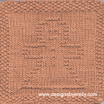 Gingerbread Girl Knit Dishcloth: A cozy knitted dishcloth square in tan yarn featuring a cheerful gingerbread girl in the center, perfect for holiday decor. The design is created in garter stitch using knit and purl stitches on a stockinette background.