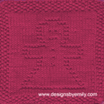 Gingerbread Girl Knit Dishcloth: A cozy knitted dishcloth square in red yarn featuring a cheerful gingerbread girl in the center, perfect for holiday decor. The design is created in garter stitch using knit and purl stitches on a stockinette background.