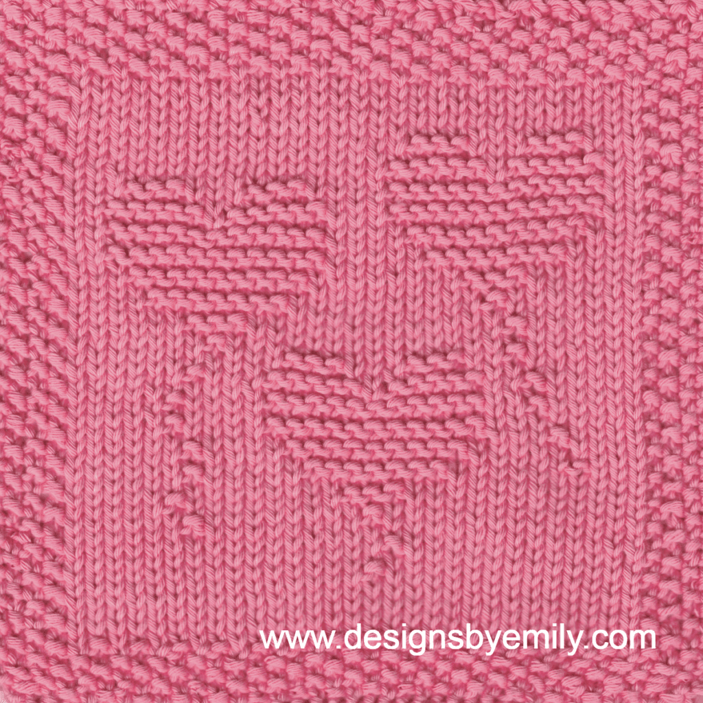 Heart Balloon Trio Knit Dishcloth: A handmade knit dishcloth square in pink yarn featuring a trio of heart shaped balloons with their strings trailing down. The design is created in garter stitch using knit and purl stitches on a stockinette background.