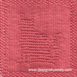 Kitty Cat Knit Dishcloth: A handmade knit dishcloth square in pink yarn featuring a cat sitting and facing toward the left. The design is created in garter stitch using knit and purl stitches on a stockinette background.