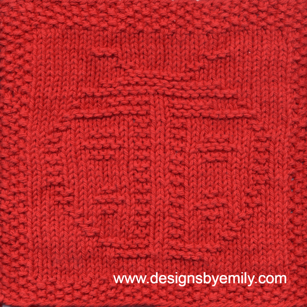 Ladybug Knit Dishcloth: A handmade knit dishcloth square in red yarn featuring a ladybug centered on the cloth with four spots and lines down the center to suggest its wings. The design is created in garter stitch using knit and purl stitches on a stockinette background.