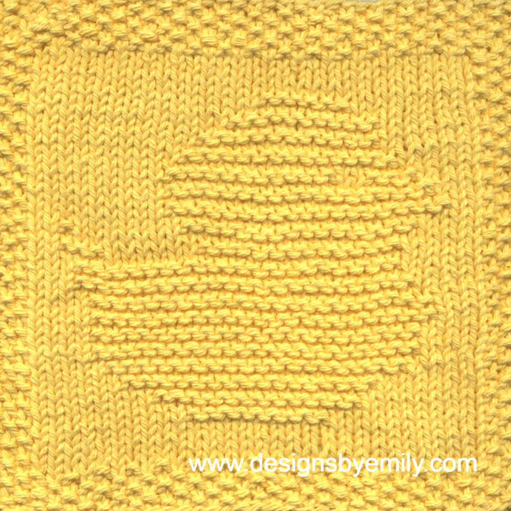 Little Duckling Knit Dishcloth: A handmade knit dishcloth square in yellow yarn depicting a baby duckling facing to the right. The design is created in garter stitch using knit and purl stitches on a stockinette background.