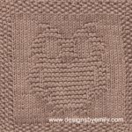 Owl Knit Dishcloth: A handmade knitted dishcloth square in brown yarn displaying a charming owl design, created using knit and purl stitches.