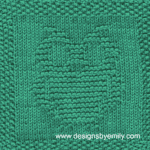 Owl Knit Dishcloth: A handmade knitted dishcloth square in brown yarn displaying a charming owl design, created using knit and purl stitches.