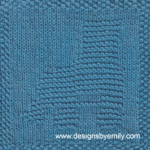 Roller Skate Knit Dishcloth: A handmade knitted square in teal yarn featuring the profile of a roller skate with stopper, facing left. The design is created in garter stitch using knit and purl stitches on a stockinette background.
