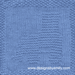 Roller Skate Knit Dishcloth: A handmade knitted square in light blue yarn featuring the profile of a roller skate with stopper, facing left. The design is created in garter stitch using knit and purl stitches on a stockinette background.