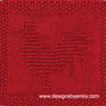 Rooster Knit Dishcloth: A cozy knitted dishcloth square in red featuring a rooster facing left with a plume of tail feathers. The design is created in garter stitch using knit and purl stitches on a stockinette background.