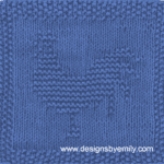 Rooster Knit Dishcloth: A cozy knitted dishcloth square in blue yarn featuring a rooster facing left with a plume of tail feathers. The design is created in garter stitch using knit and purl stitches on a stockinette background.