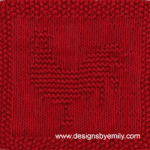 Rooster Knit Dishcloth: A cozy knitted dishcloth square in deep red yarn featuring a rooster facing left with a plume of tail feathers. The design is created in garter stitch using knit and purl stitches on a stockinette background.