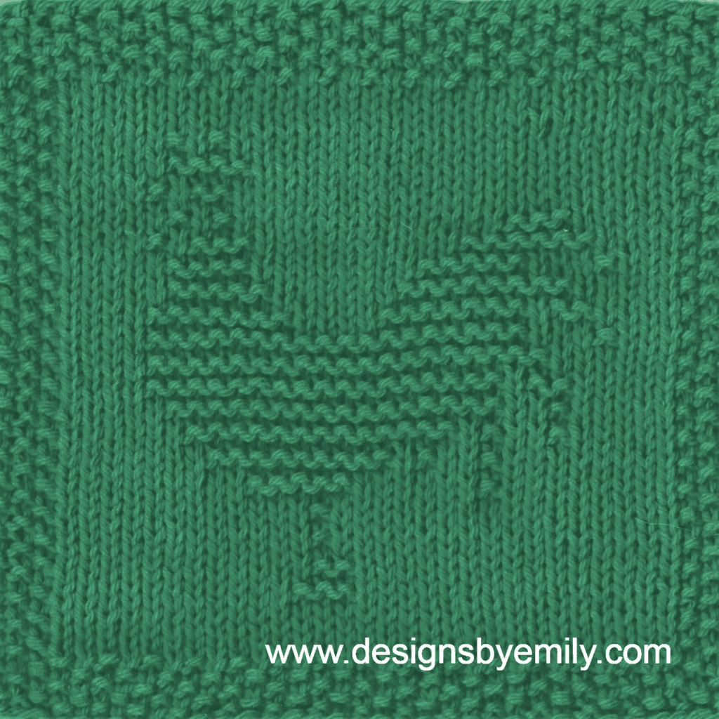 Rooster Knit Dishcloth: A cozy knitted dishcloth square in green yarn featuring a rooster facing left with a plume of tail feathers. The design is created in garter stitch using knit and purl stitches on a stockinette background.